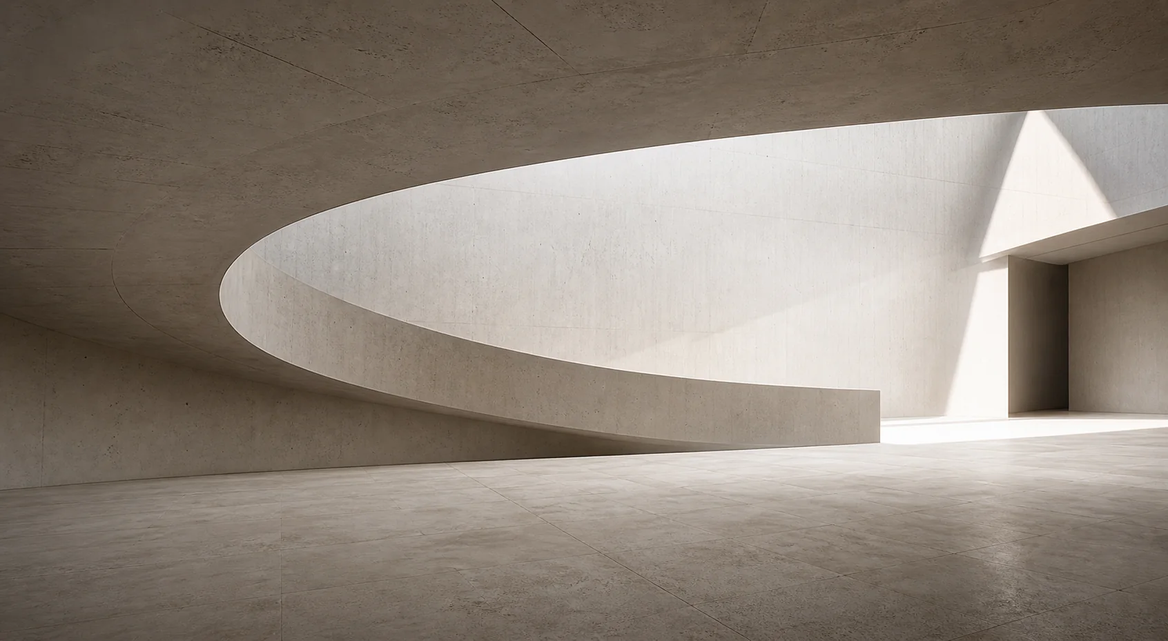 Minimal sunlit concrete architecture with a sweeping curved opening